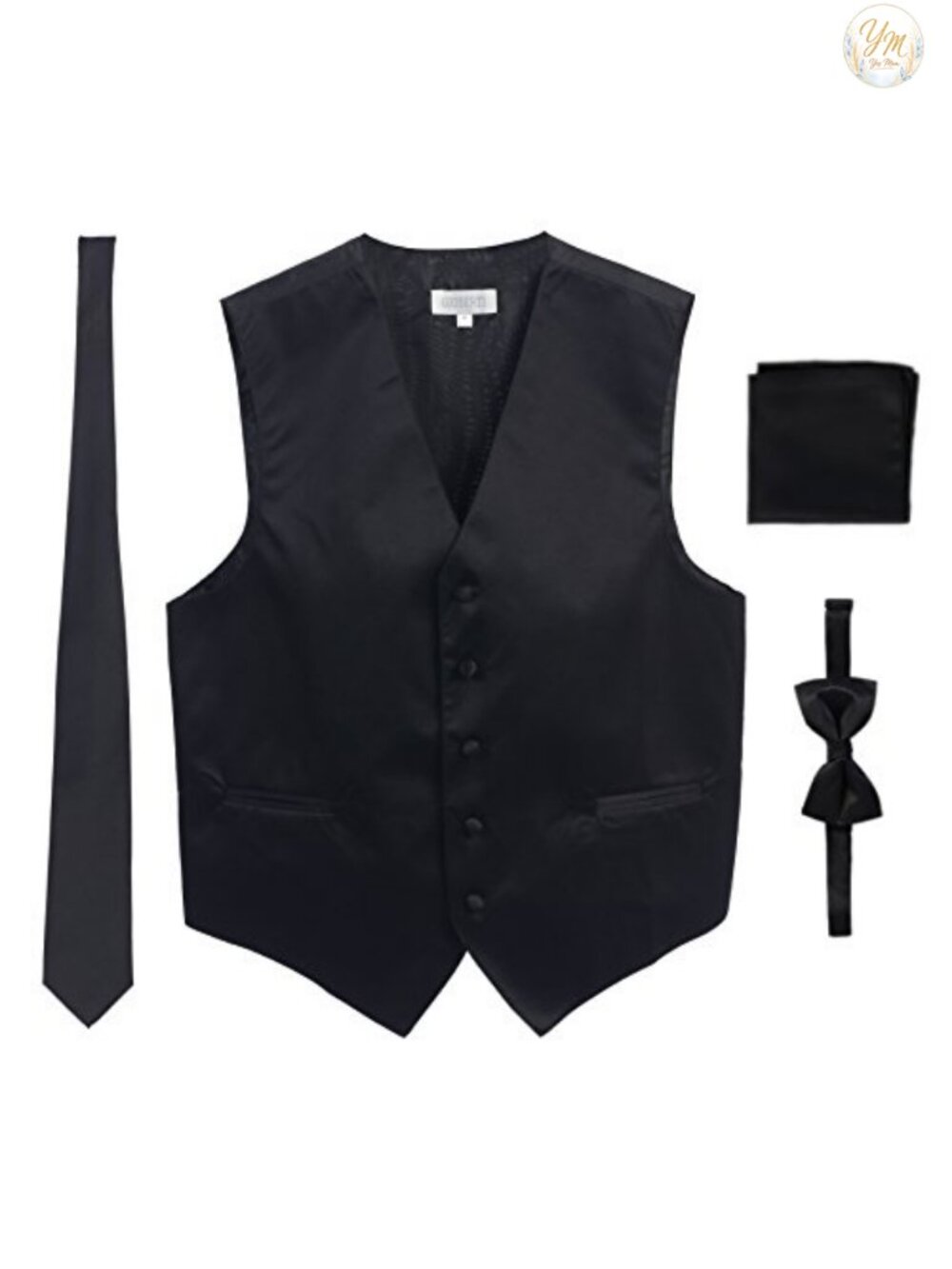 Men's Satin Formal Vest Necktie Bowtie Pocket Square Set 4pc Tuxedo